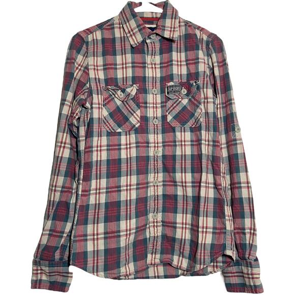 Superdry Co Button Up Flannel Shirt Long Sleeve Collared Double Pocket Red S - Picture 1 of 6